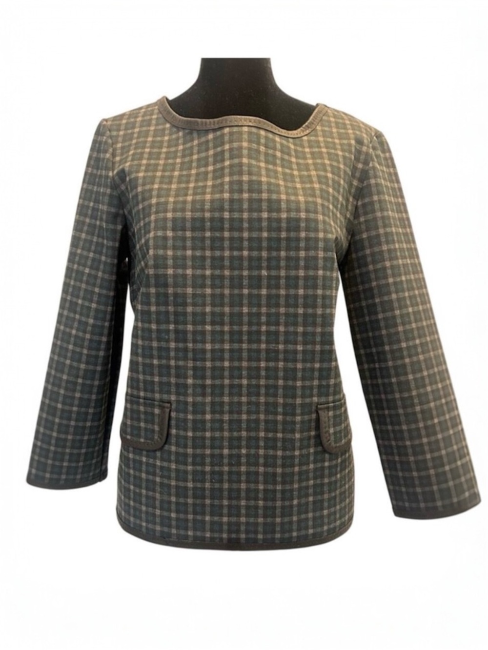 NWOT Max Studio Tartan Plaid Top Small 3/4 Sleeve Blue Green